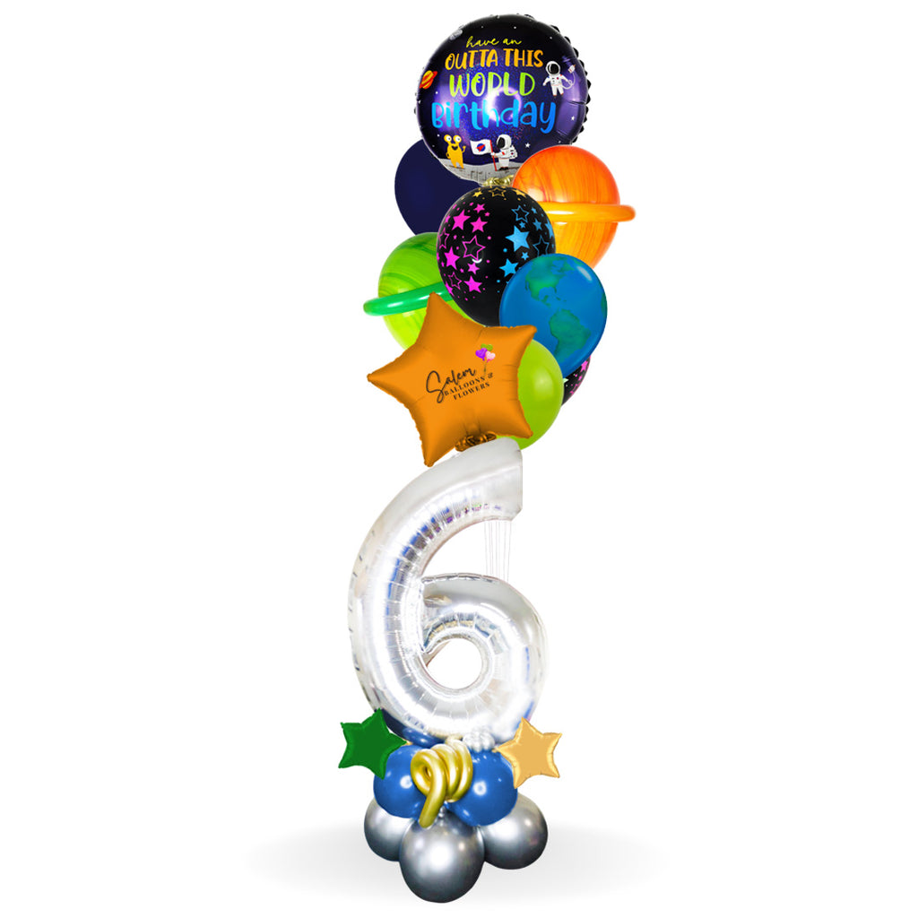 Make your birthday celebration truly out of this world with our spectacular space-themed number balloon bouquet! This amazing bouquet comes complete with large and impressive larch balloon numbers, anchored securely to a stunning balloon base adorned with beautiful balloon stars and curls.  At the top of the bouquet, you'll find a set of colorful helium balloons.  Balloon delivery in Salem Oregon and nearby cities.