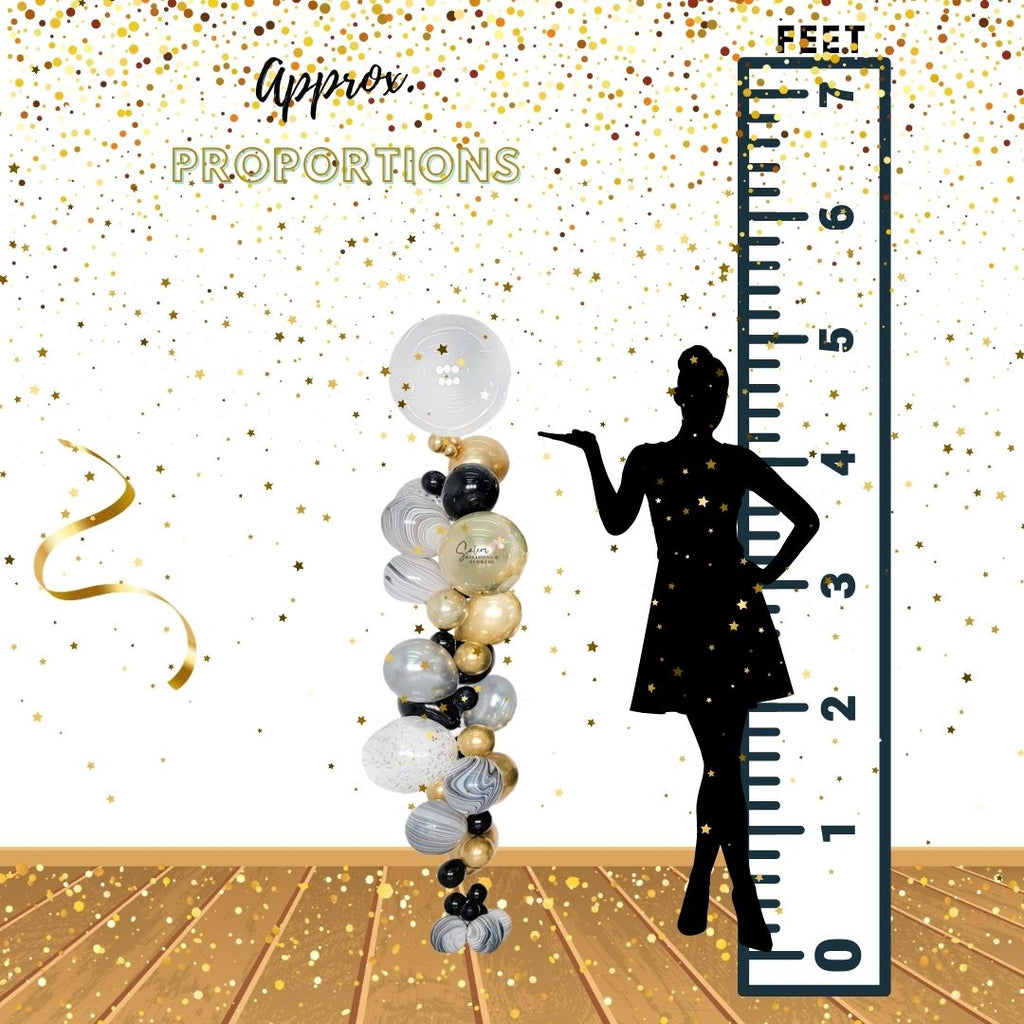 Helium balloon column. Single balloon fall. Salem Oregon balloon decor. Balloons Salem Oregon. Salem Oregon balloon delivery. Dimentions chart.