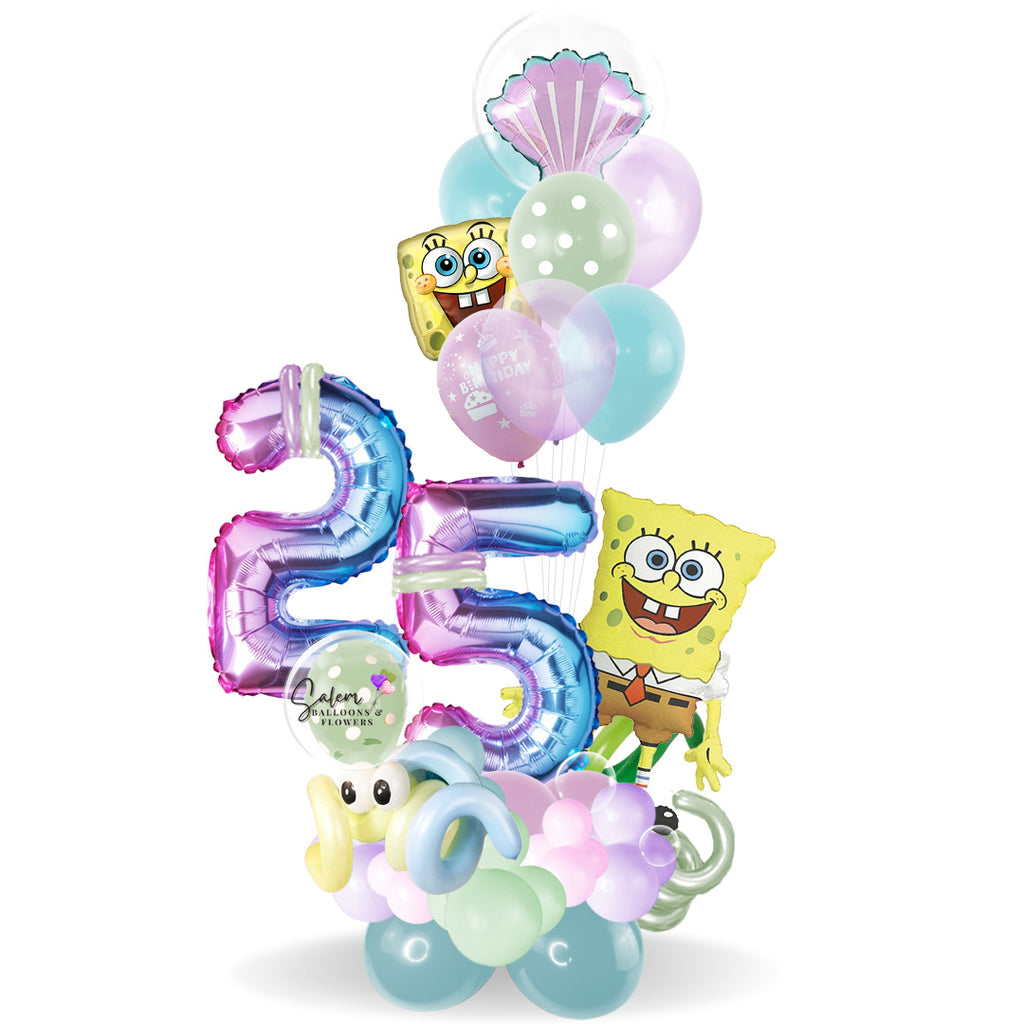 SpongeBob balloon numbers bouquet. Helium balloons. Delivery Salem Oregon and nearby cities. Pastel colors edition.