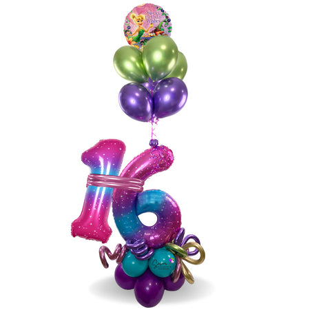 A LARGE "Happy Birthday"  number balloon bouquet. Featuring large base with balloon numbers and a cute Tinkerbell Mylar balloon with a "Happy Birthday" message accompanied with a helium balloon set in matching colors. Balloon delivery in Salem Oregon and nearby cities.