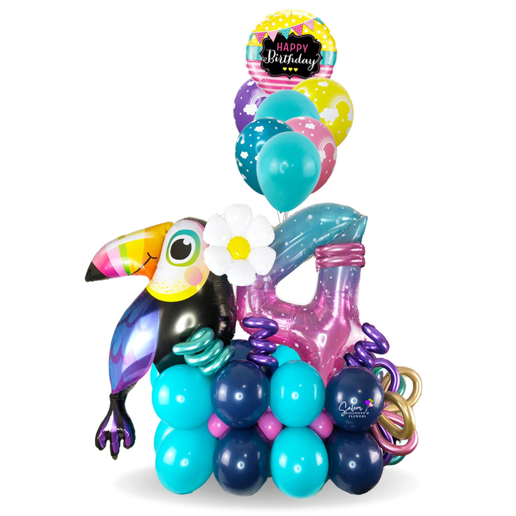 Happy Birthday balloon bouquet. Featuring an extra large gorgeous toucan balloon with balloon numbers in a very tropical style. Balloon delivery in Salem Oregon. Keizer Oregon.