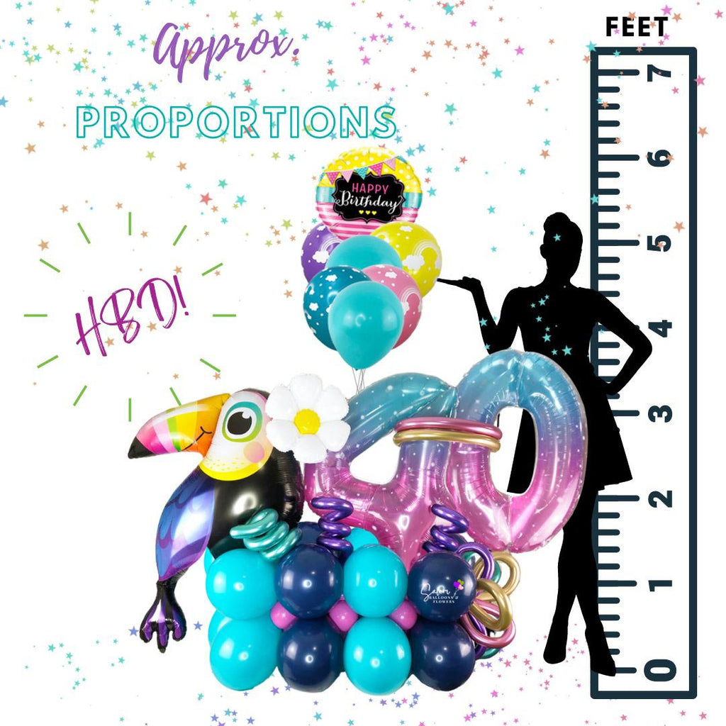 Happy Birthday balloon bouquet. Featuring an extra large gorgeous toucan balloon with balloon numbers in a very tropical style. Balloon delivery in Salem Oregon. Keizer Oregon.