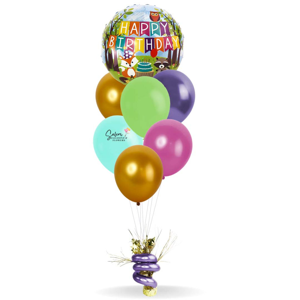 HBD helium balloon bouquet, featuring a woodland happy birthday Mylar balloon. Delivery in Salem Oregon and nearby cities.