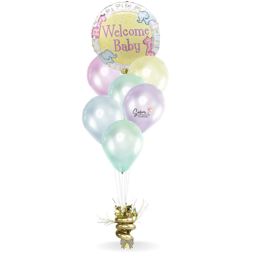 Baby themed balloon bouquet. Featuring a Hello Baby Mylar balloons with a set of bright colored helium balloons, anchored to a decorated weight. Deluxe style comes a box of chocolates and free delivery. Premium style comes with a box of chocolates, a cute plush and free delivery.