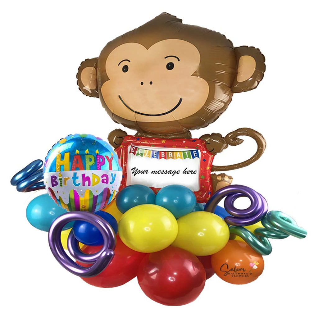 Large Balloon Bouquet with colorful balloons, featuring a Monkey balloon with a whiteboard ready for you to write your message. Delivery in Salem Oregon and nearby areas.